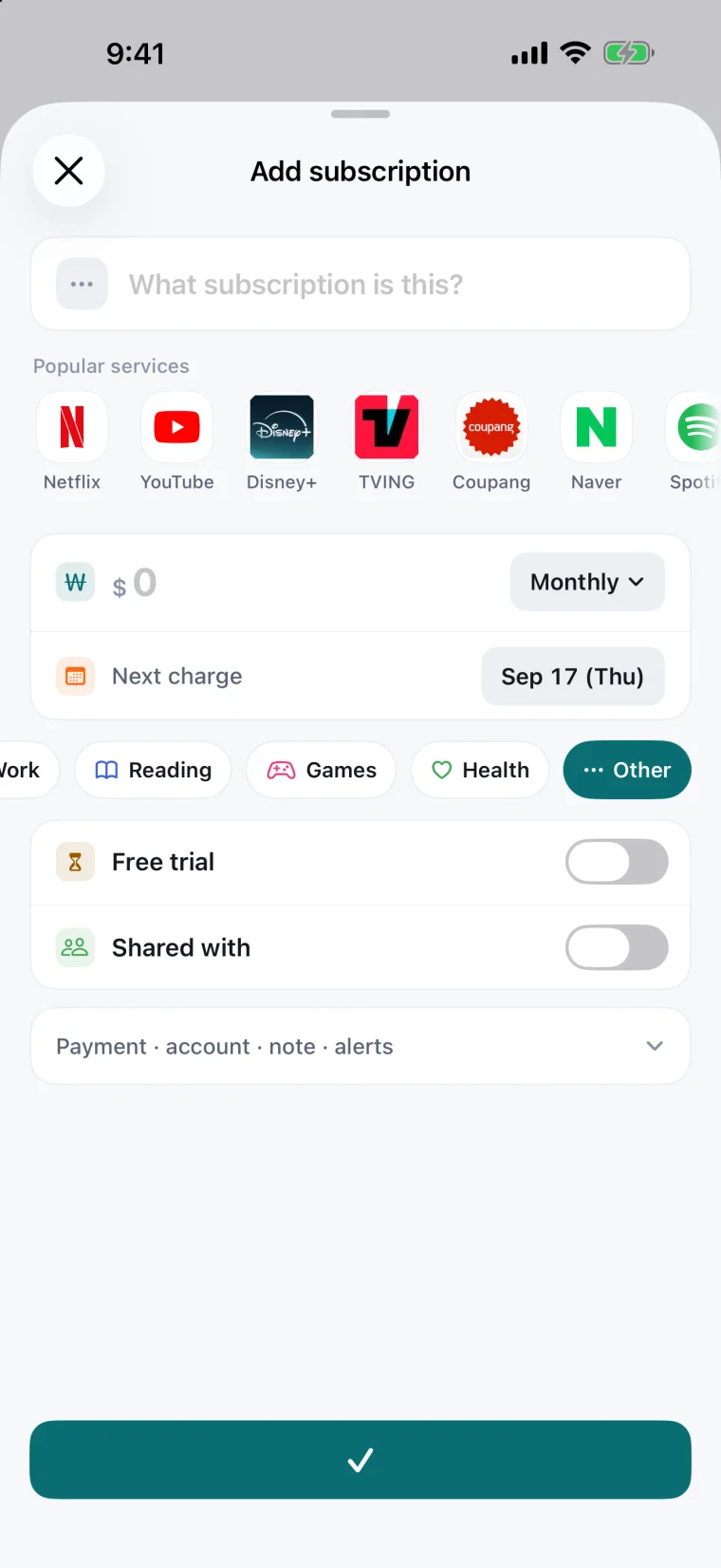 Add subscription screen — a rail of popular services
