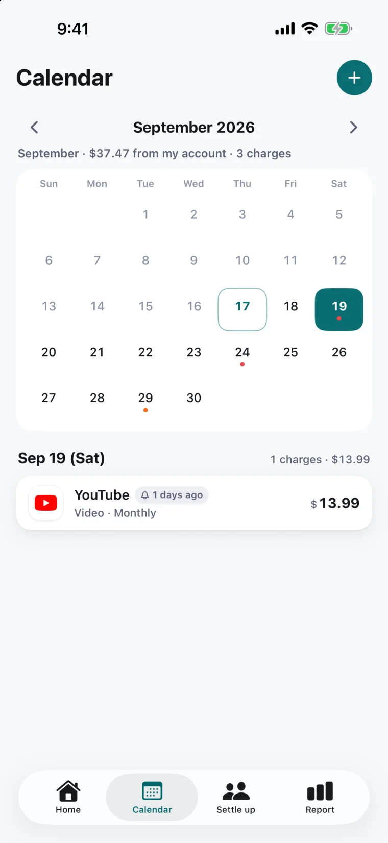 Calendar screen — dots on charge dates and the subscriptions charged that day