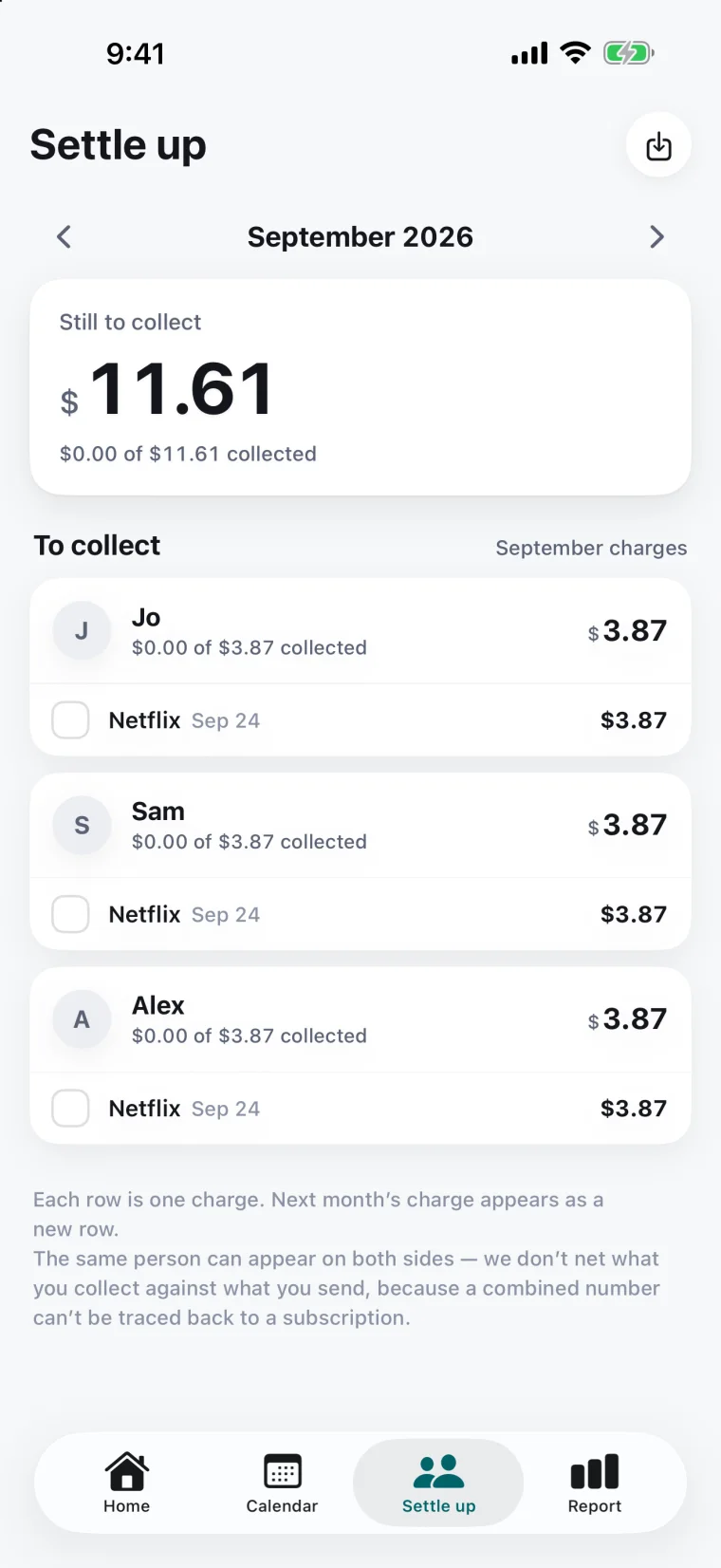 Settle up screen — money to collect per person with a paid checkbox