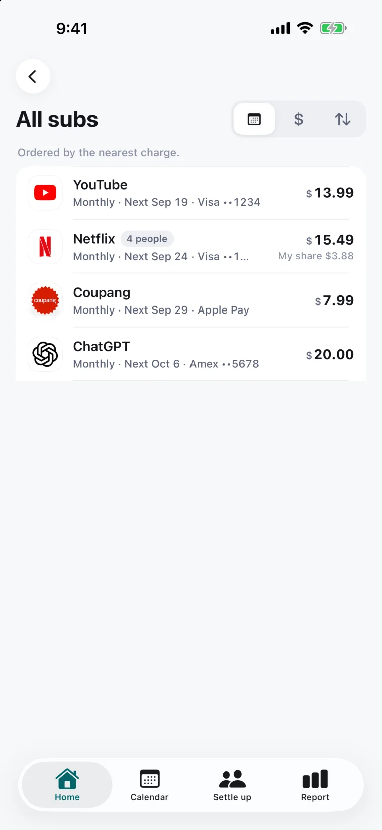 All subscriptions screen — amount and next charge for each one
