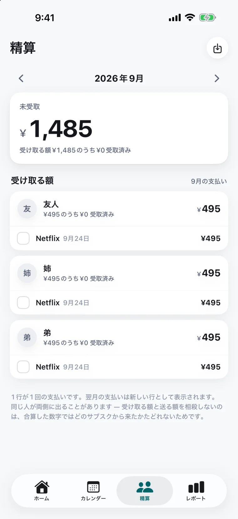 精算画面 — 人ごとの受け取る額と受取済みのチェック