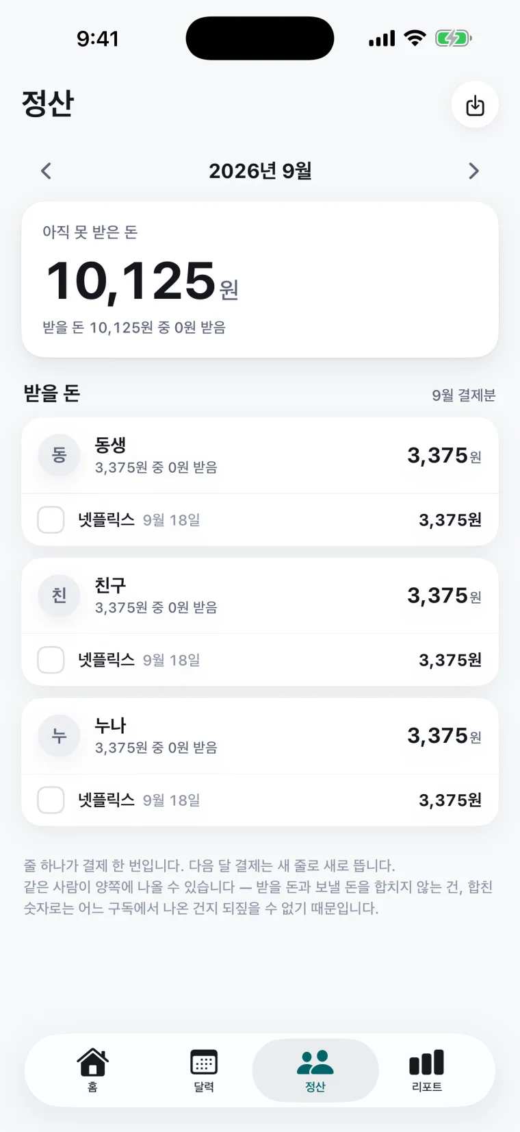 정산 화면 — 사람별 받을 돈과 받았음 체크